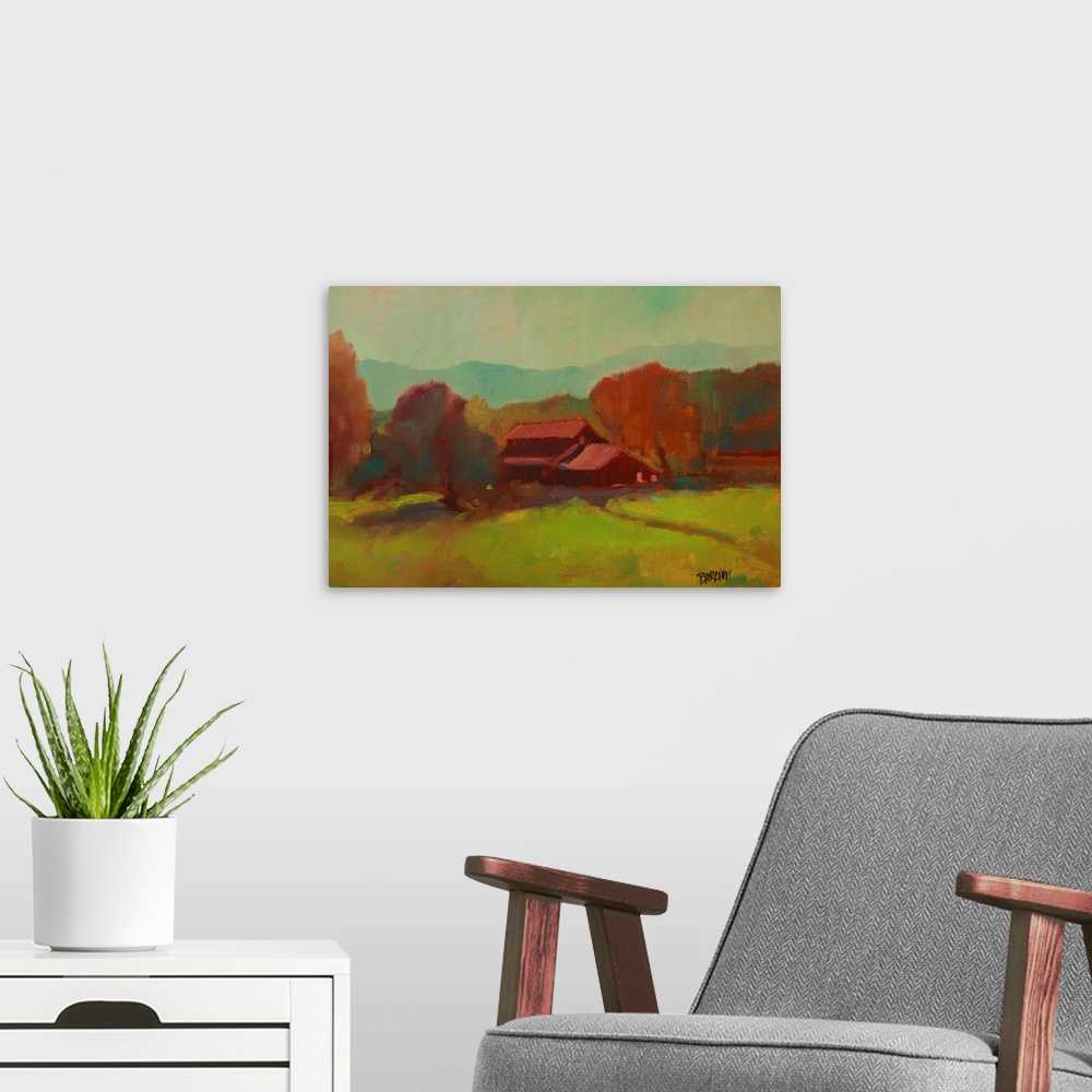 A modern room featuring Contemporary landscape painting with a red barn surrounded by Autumn trees and mountains in the d...