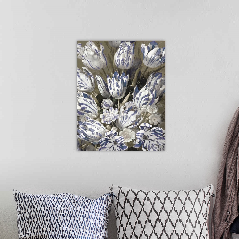 A bohemian room featuring This romantic artwork features a tulip bouquet of white flowers with blue accents against a subdu...