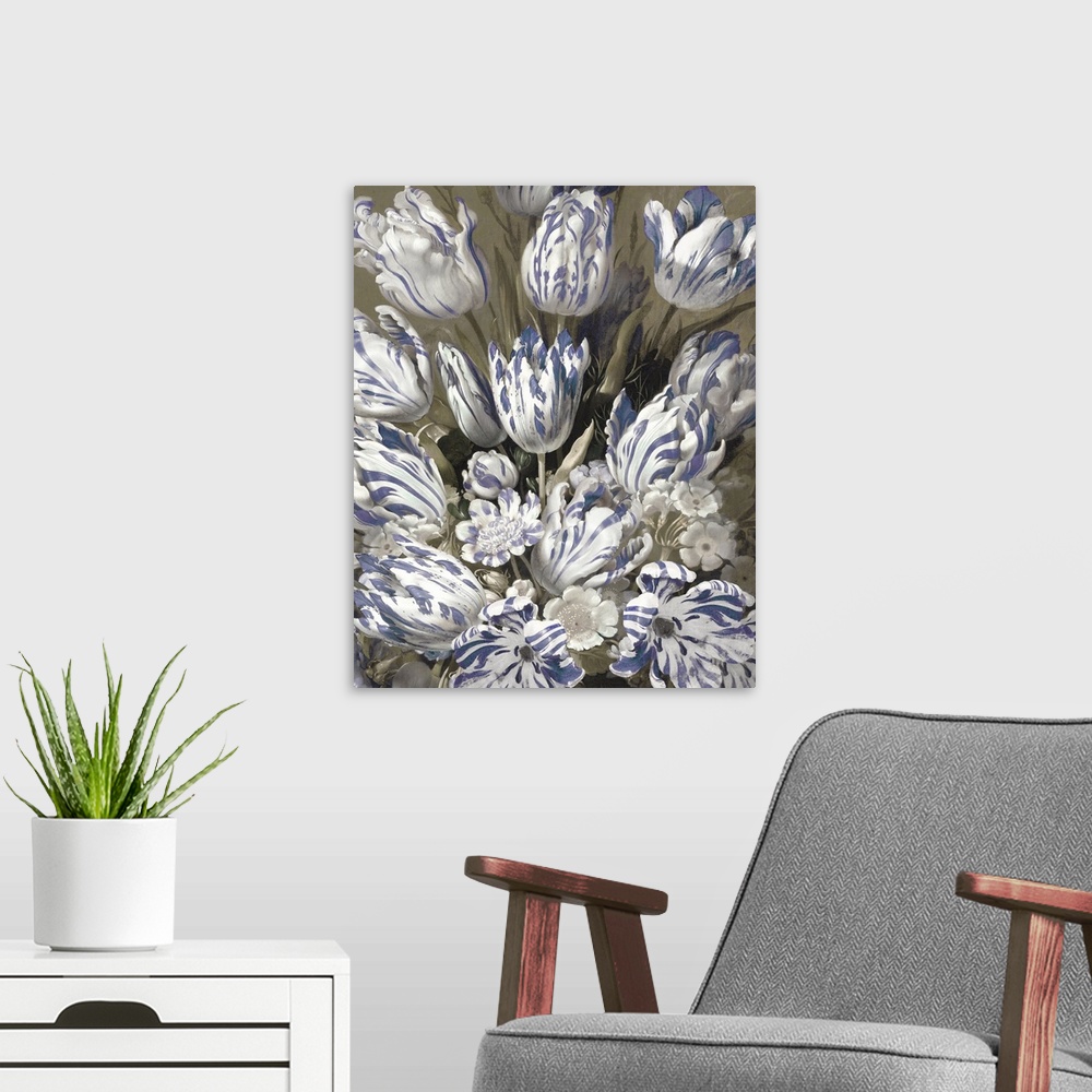A modern room featuring This romantic artwork features a tulip bouquet of white flowers with blue accents against a subdu...