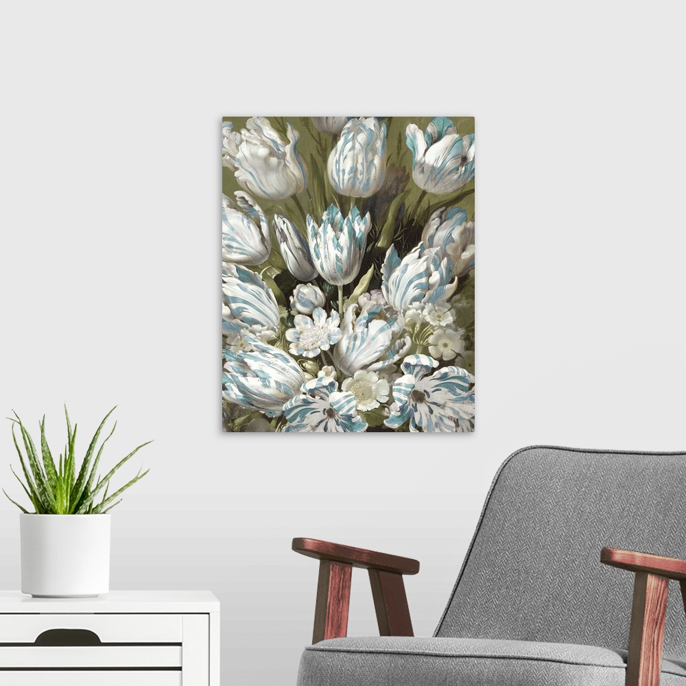 A modern room featuring This romantic artwork features a tulip bouquet of white flowers with aqua accents against a subdu...