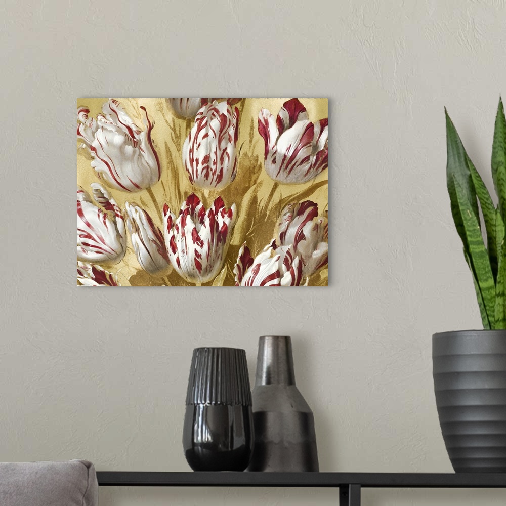 A modern room featuring This romantic artwork features a tulip bouquet of white flowers with red accents against a gold b...