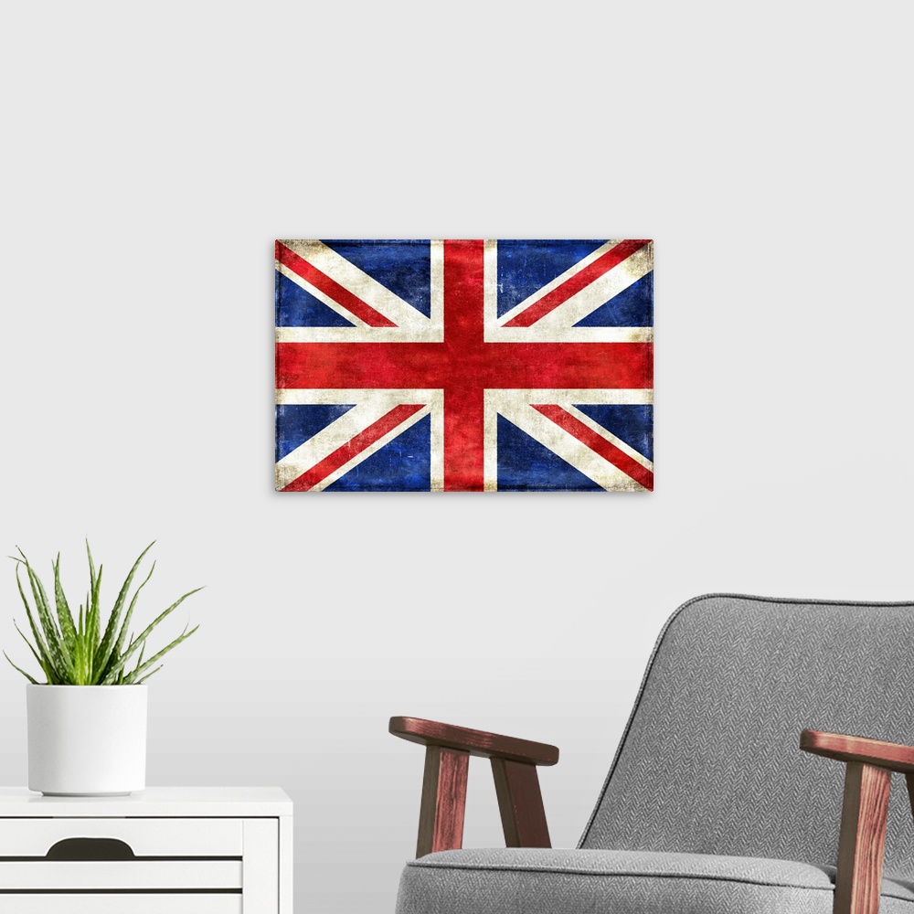 A modern room featuring Weathered flag of England/United Kingdom.