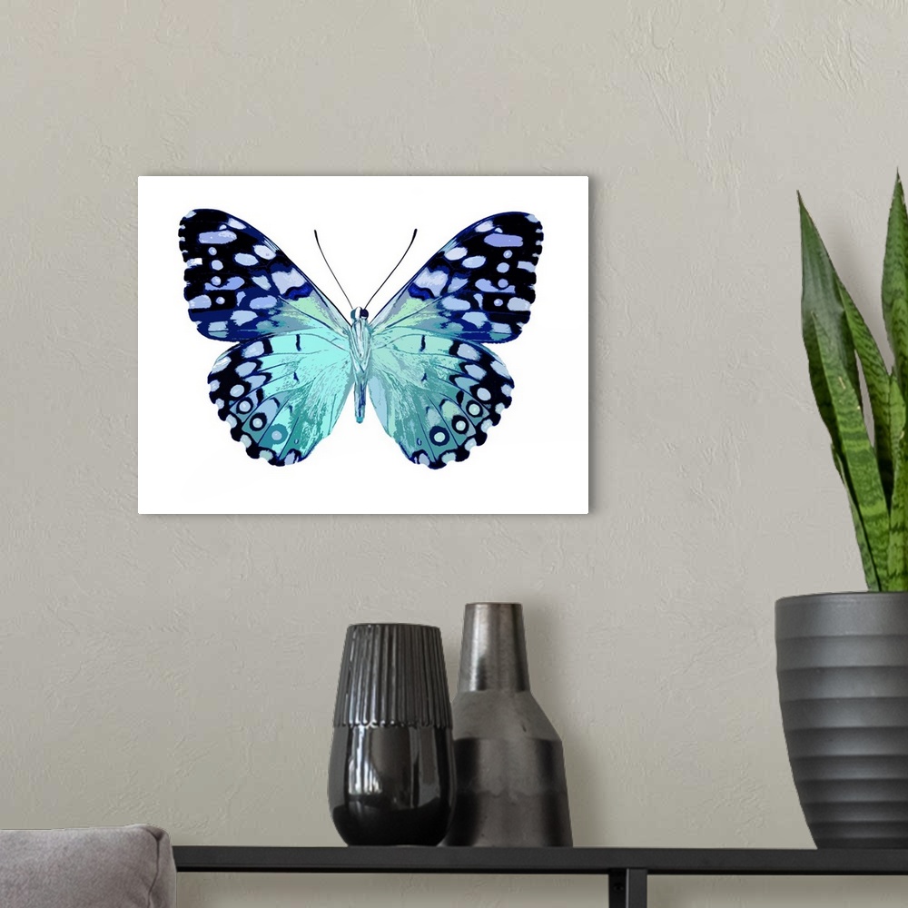 A modern room featuring Illustration of a butterfly in shades of blue on a white background.