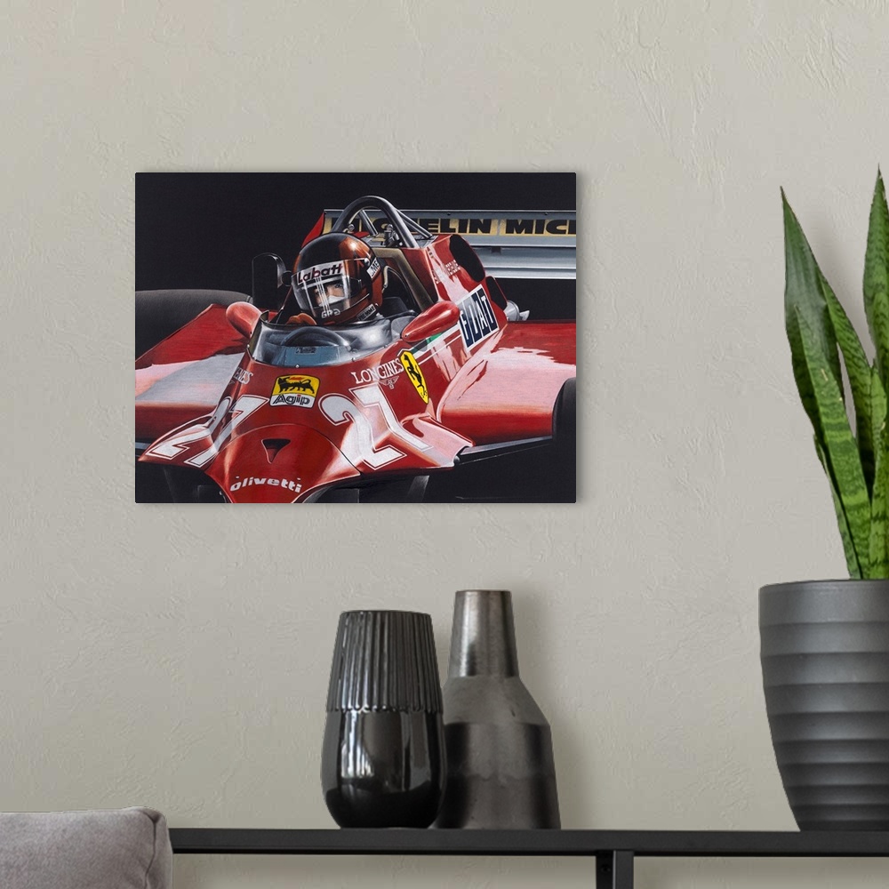 A modern room featuring Illustration of a red Formula One car with a driver.