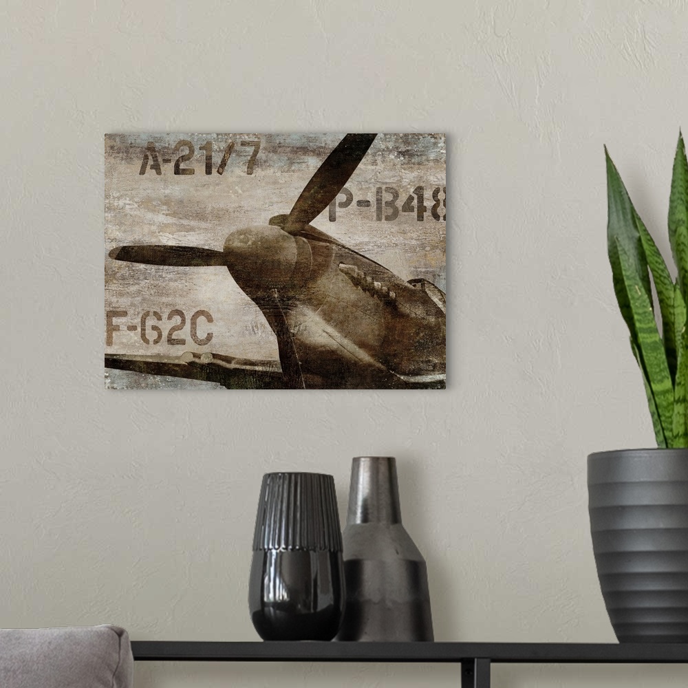 A modern room featuring Vintage decor with an illustration of an old airplane propeller in dark sepia tones.