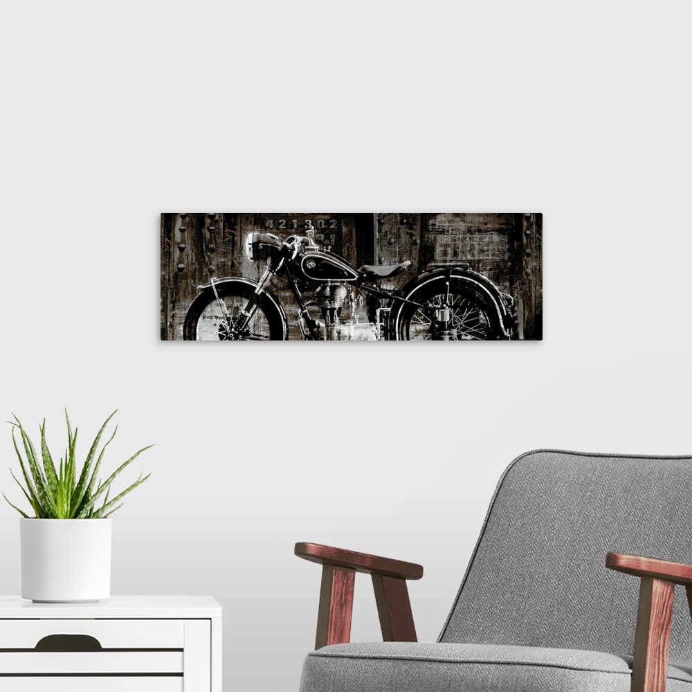 A modern room featuring Panoramic decor with an illustration of a motorcycle on an industrial style background.