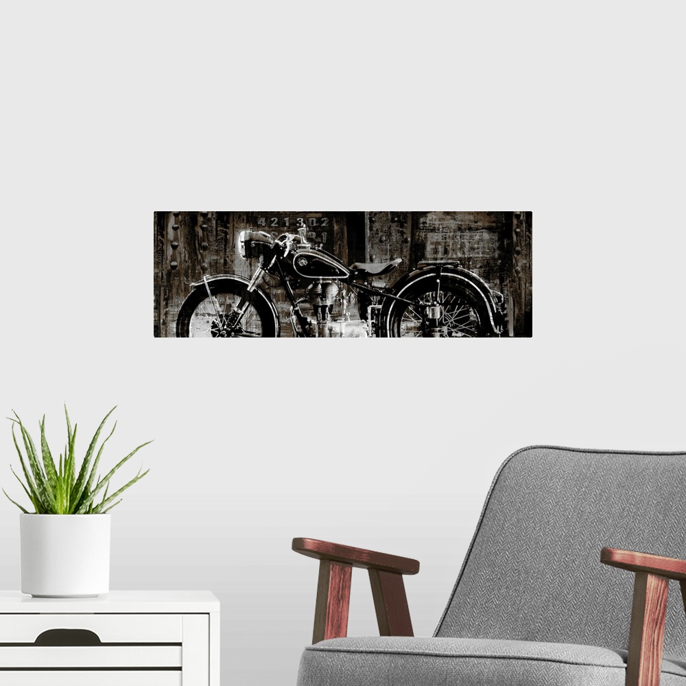 A modern room featuring Panoramic decor with an illustration of a motorcycle on an industrial style background.