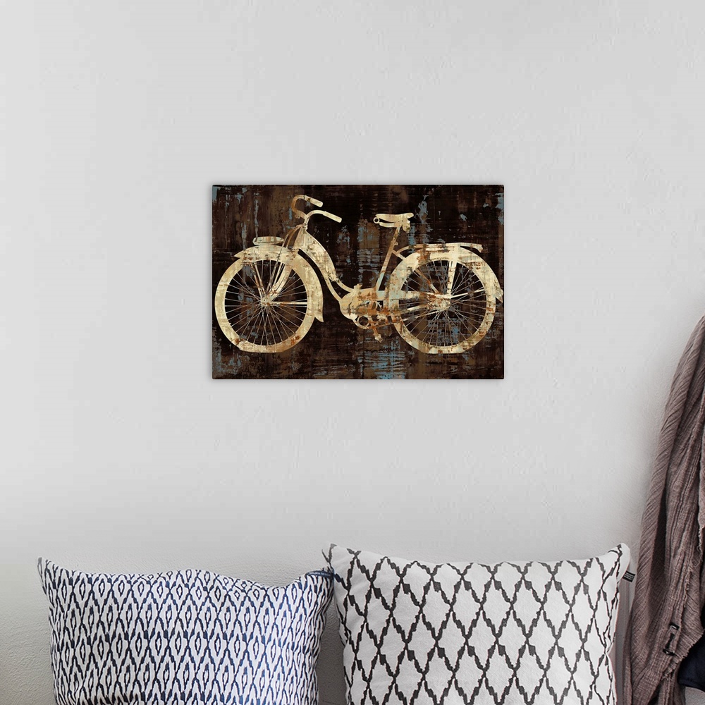A bohemian room featuring Silhouette of a vintage cruiser bike in gold, brown, and blue hues.