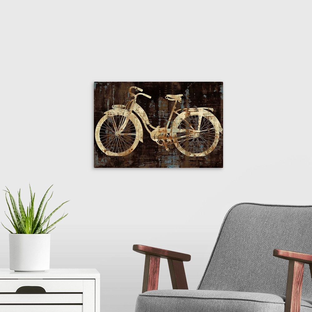 A modern room featuring Silhouette of a vintage cruiser bike in gold, brown, and blue hues.