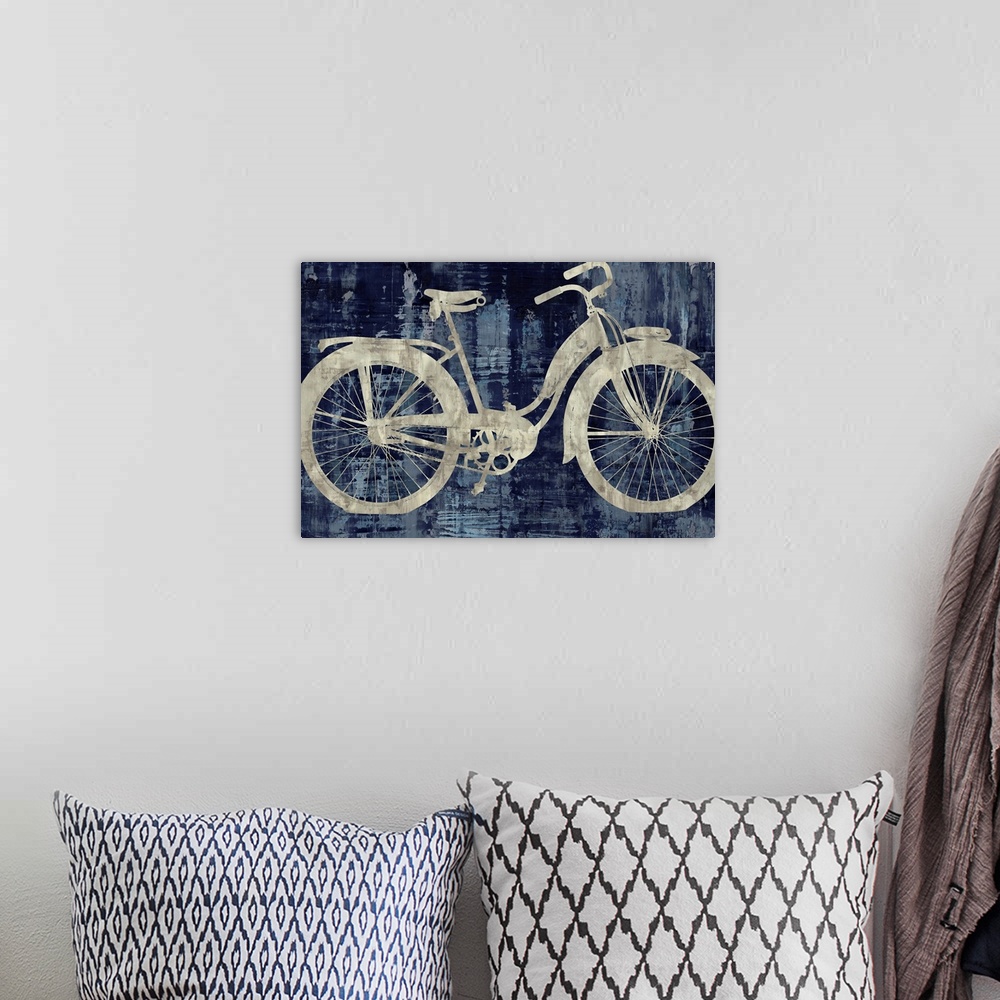 A bohemian room featuring Silhouette of a vintage cruiser bike in silver and blue hues.