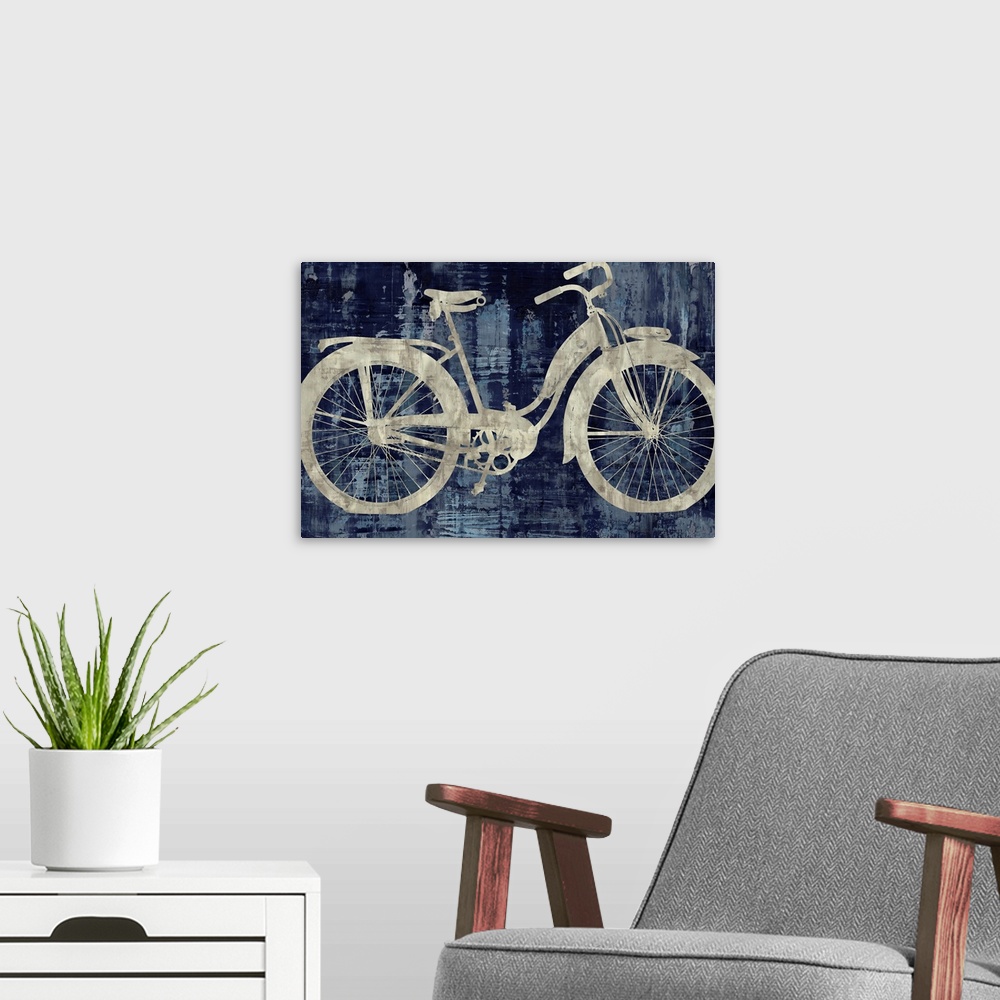 A modern room featuring Silhouette of a vintage cruiser bike in silver and blue hues.