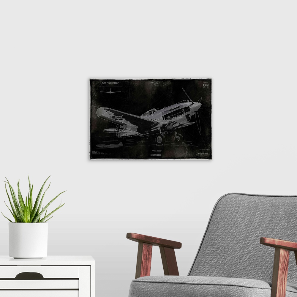 A modern room featuring Silver illustration of a P-51 "Mustang" airplane on a black antique style background.