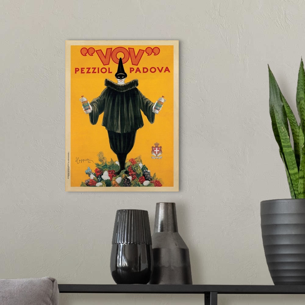 A modern room featuring Vintage advertisement of Vov (19220 by Leonetto Cappiello.