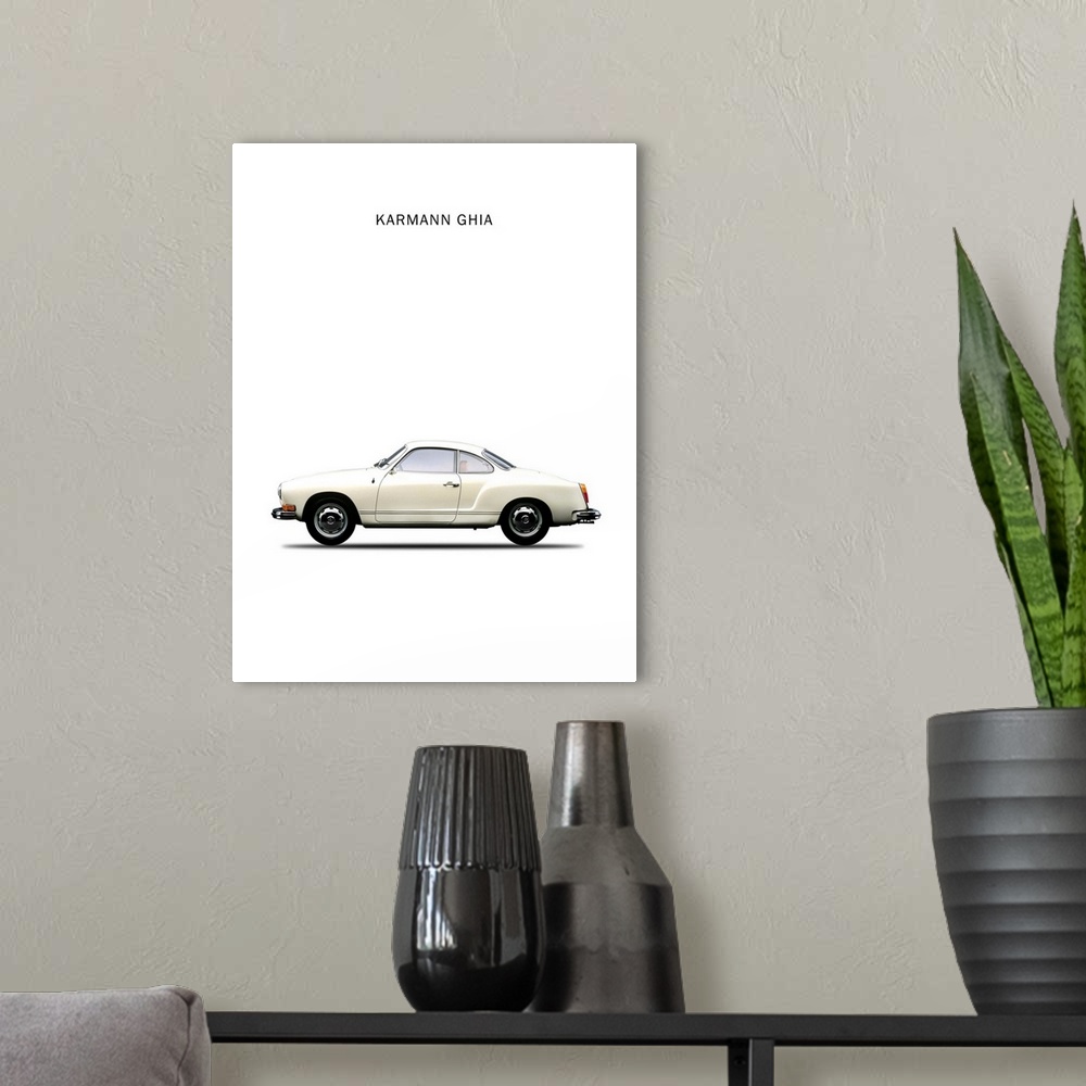 A modern room featuring Photograph of a white VW Karmann Ghia 1970 printed on a white background