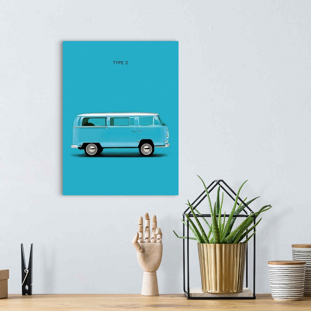 A bohemian room featuring Photograph of a sky blue VW Type 2 printed on a blue background
