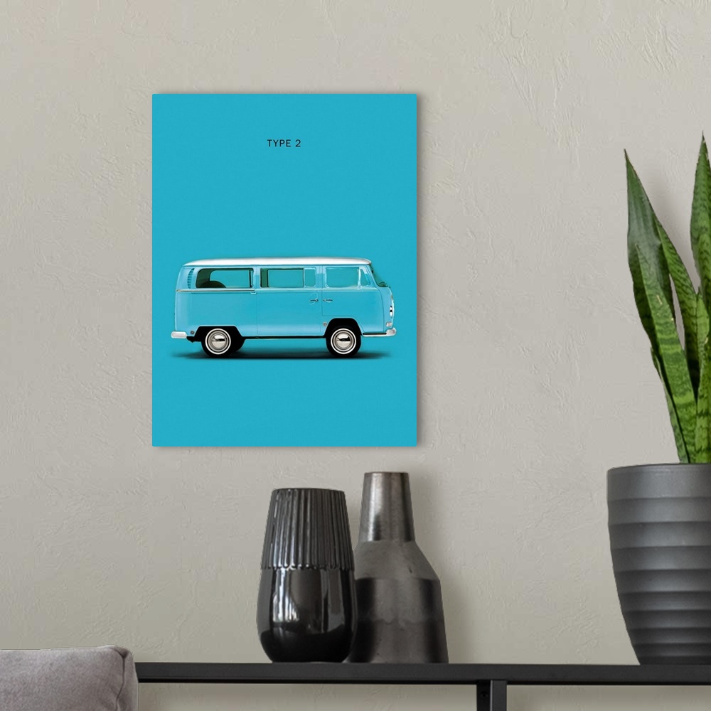 A modern room featuring Photograph of a sky blue VW Type 2 printed on a blue background