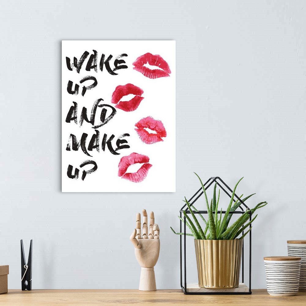 A bohemian room featuring Decorative artwork with the words: Wake up and make up.