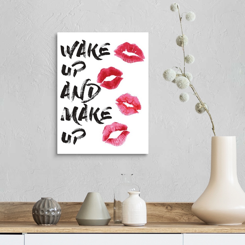 A farmhouse room featuring Decorative artwork with the words: Wake up and make up.