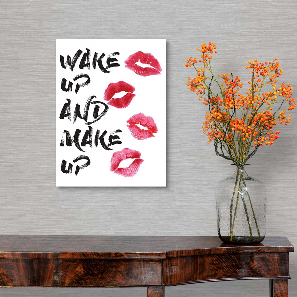 A traditional room featuring Decorative artwork with the words: Wake up and make up.