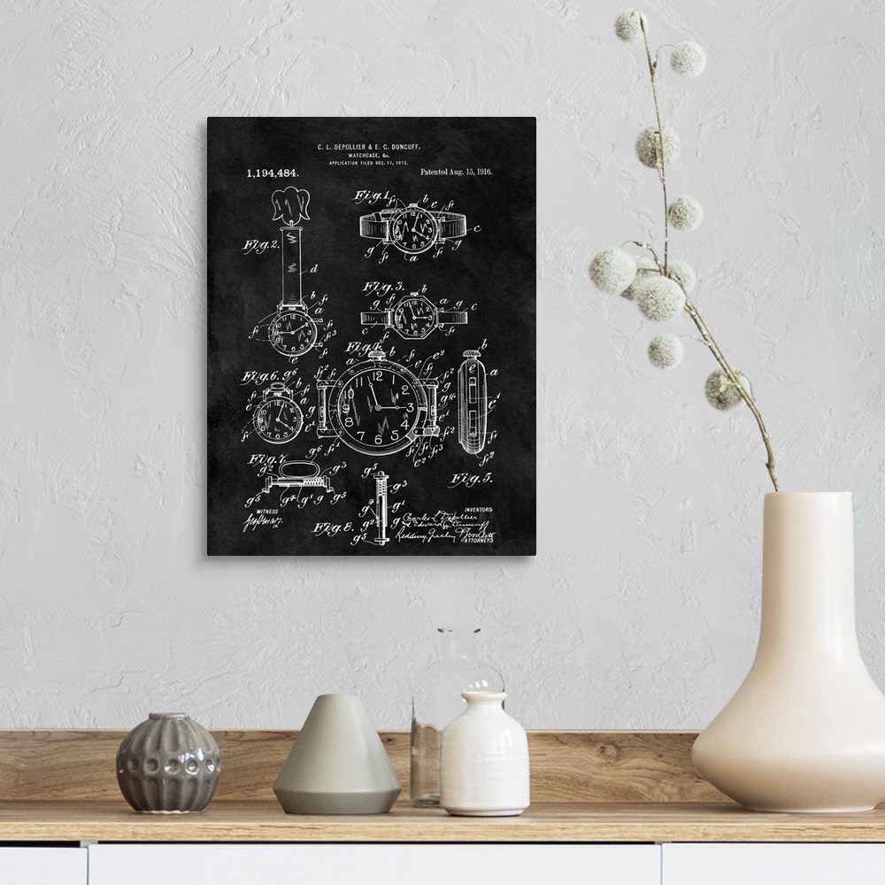 A farmhouse room featuring Antique style blueprint diagram of a Watch Case printed on a black background