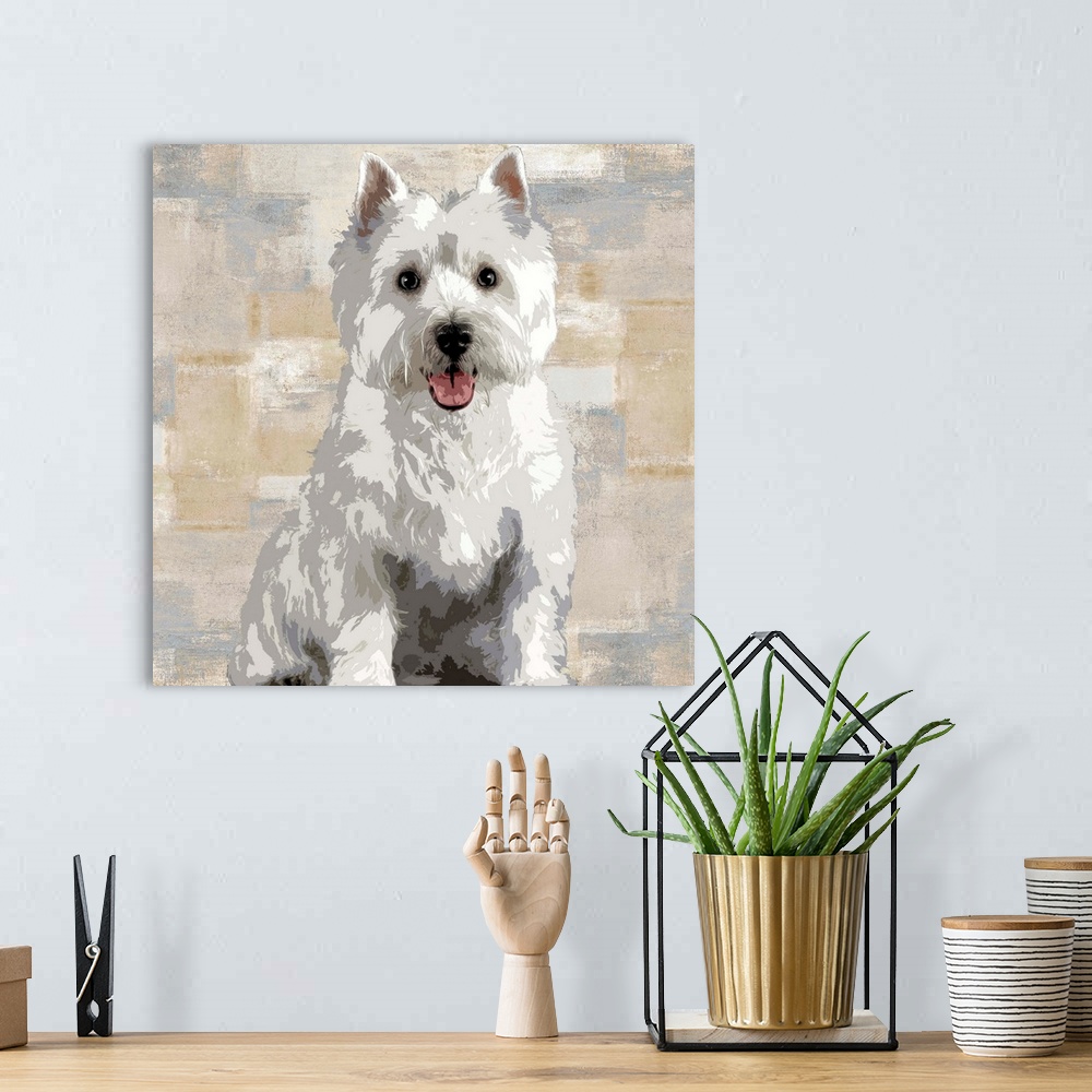 A bohemian room featuring Square decor with a portrait of a West Highland White Terrier on a layered gray, blue, and tan ba...