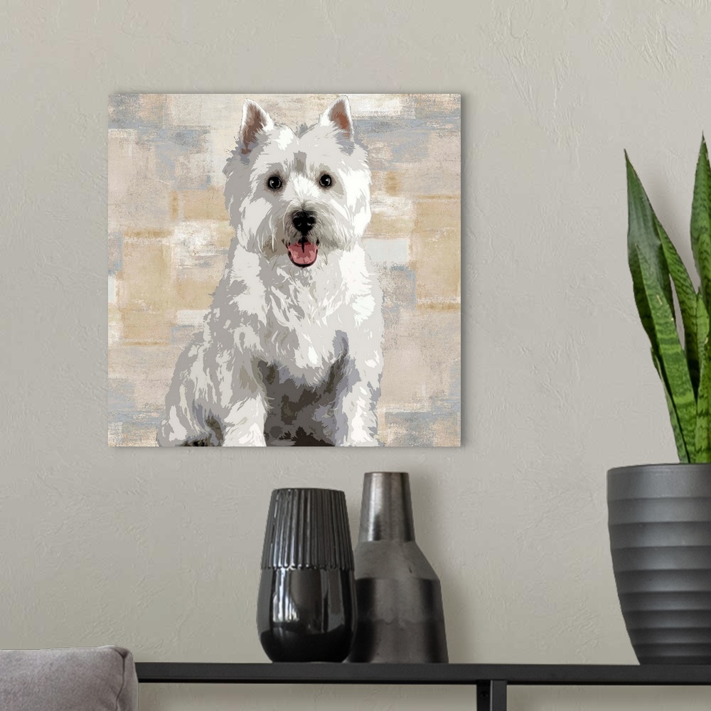 A modern room featuring Square decor with a portrait of a West Highland White Terrier on a layered gray, blue, and tan ba...