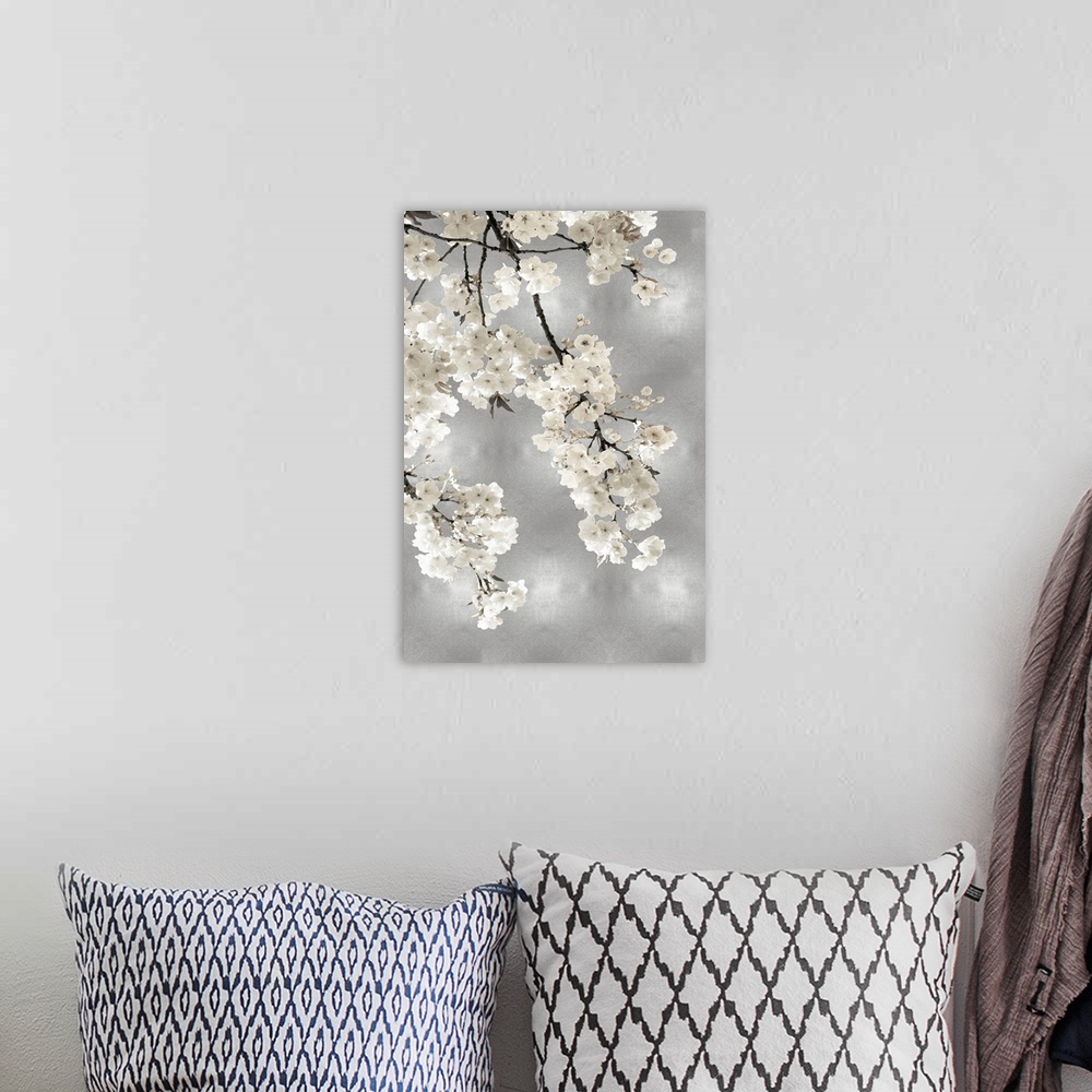 A bohemian room featuring White Blossoms on Silver I
