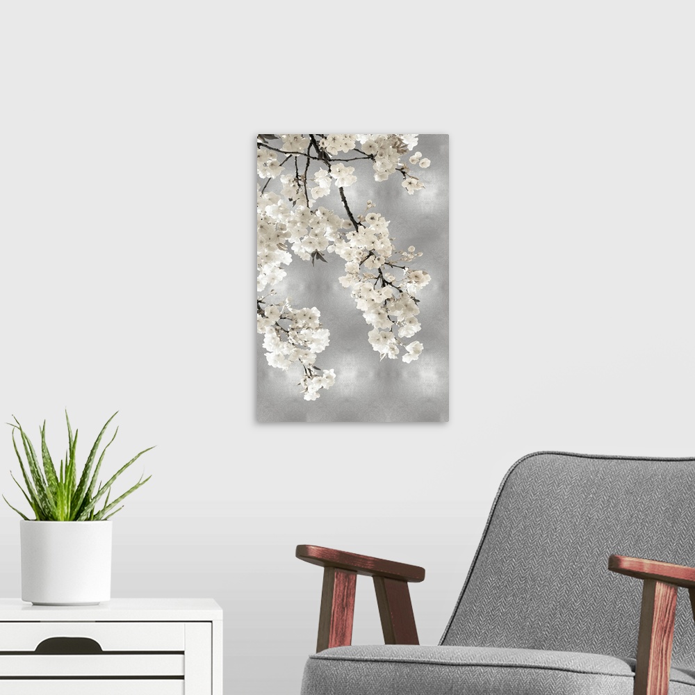 A modern room featuring White Blossoms on Silver I