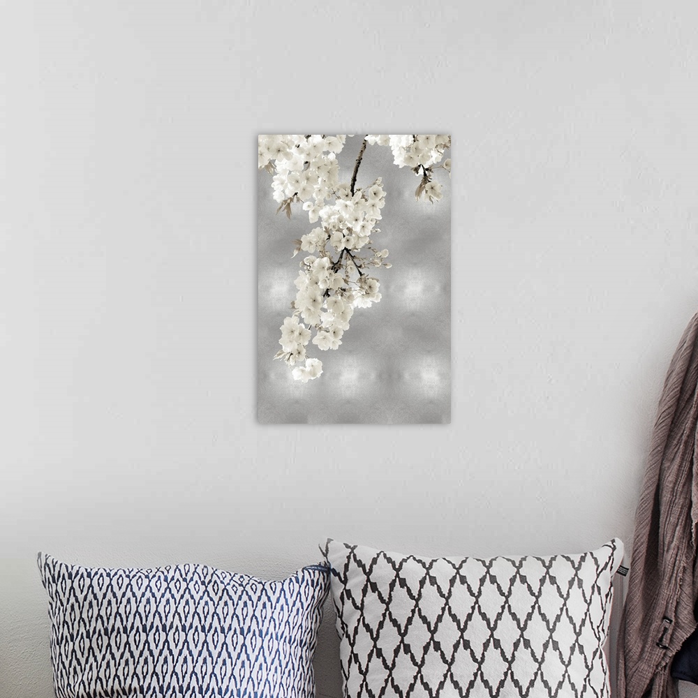 A bohemian room featuring White Blossoms on Silver II