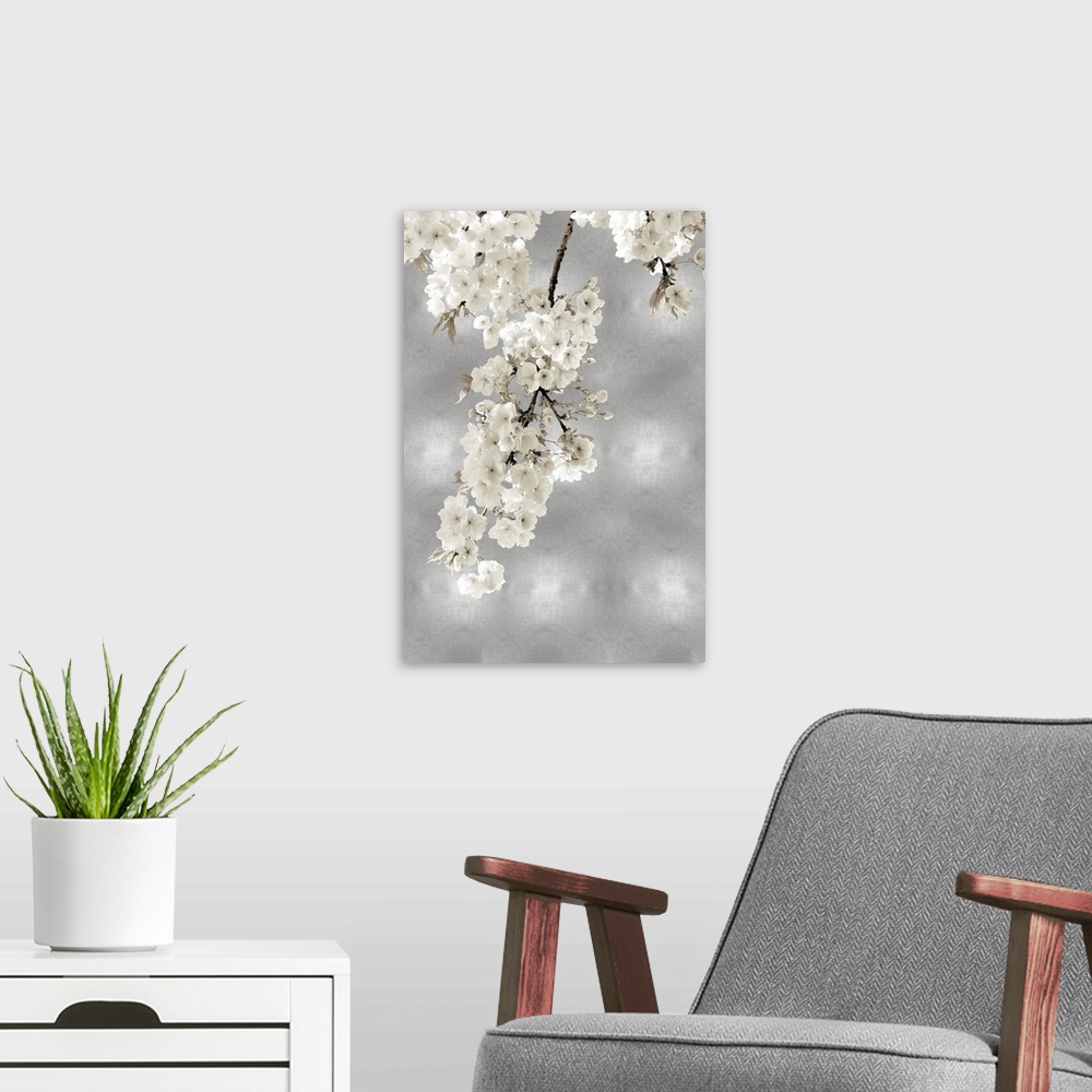 A modern room featuring White Blossoms on Silver II