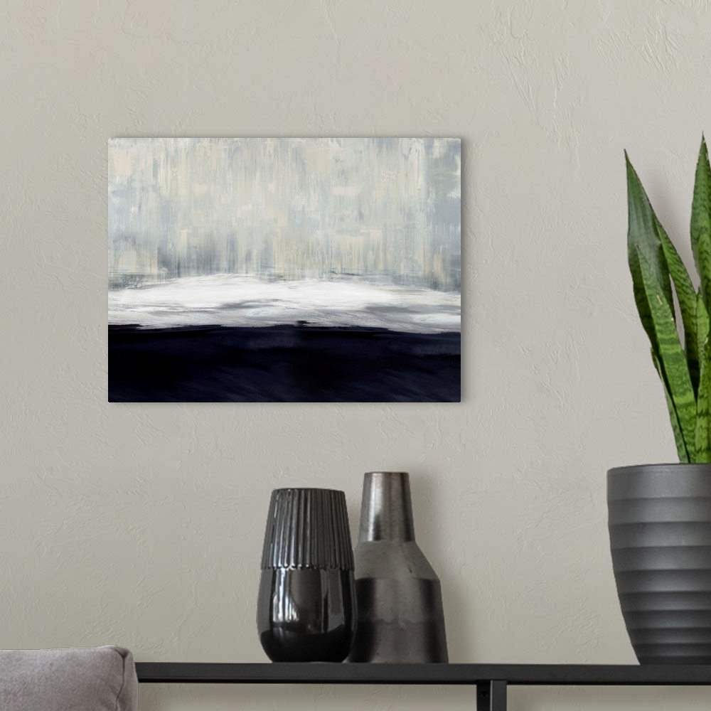 A modern room featuring Large abstract painting in gray, white, and navy blue hues.