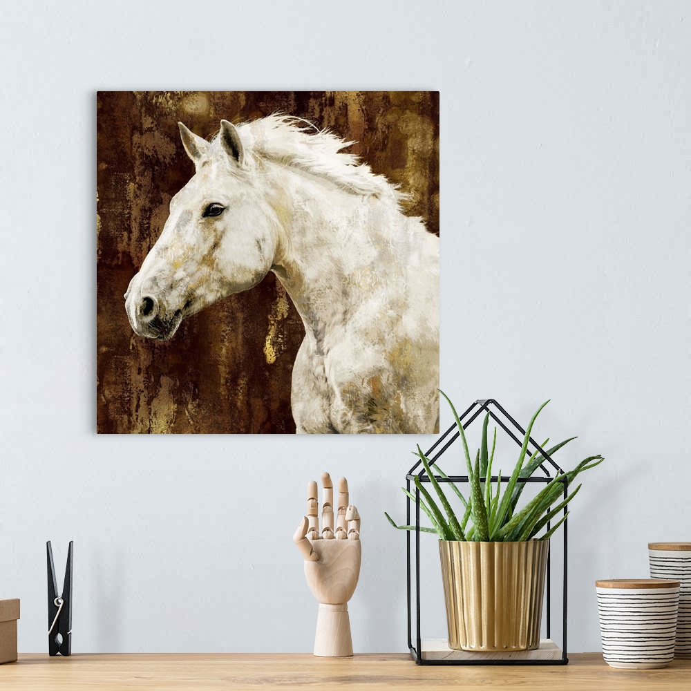 A bohemian room featuring Square decor of a white stallion with its head down on a silver background and gold streaks runni...