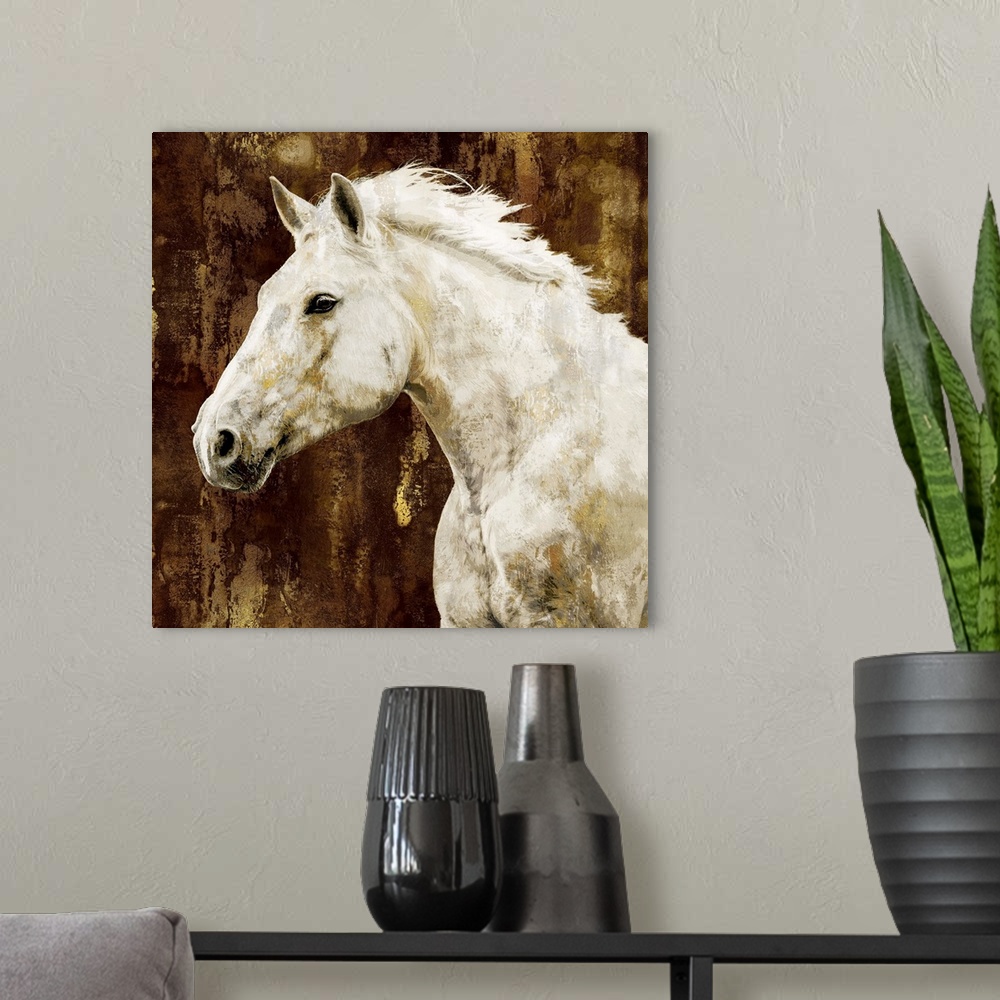 A modern room featuring Square decor of a white stallion with its head down on a silver background and gold streaks runni...