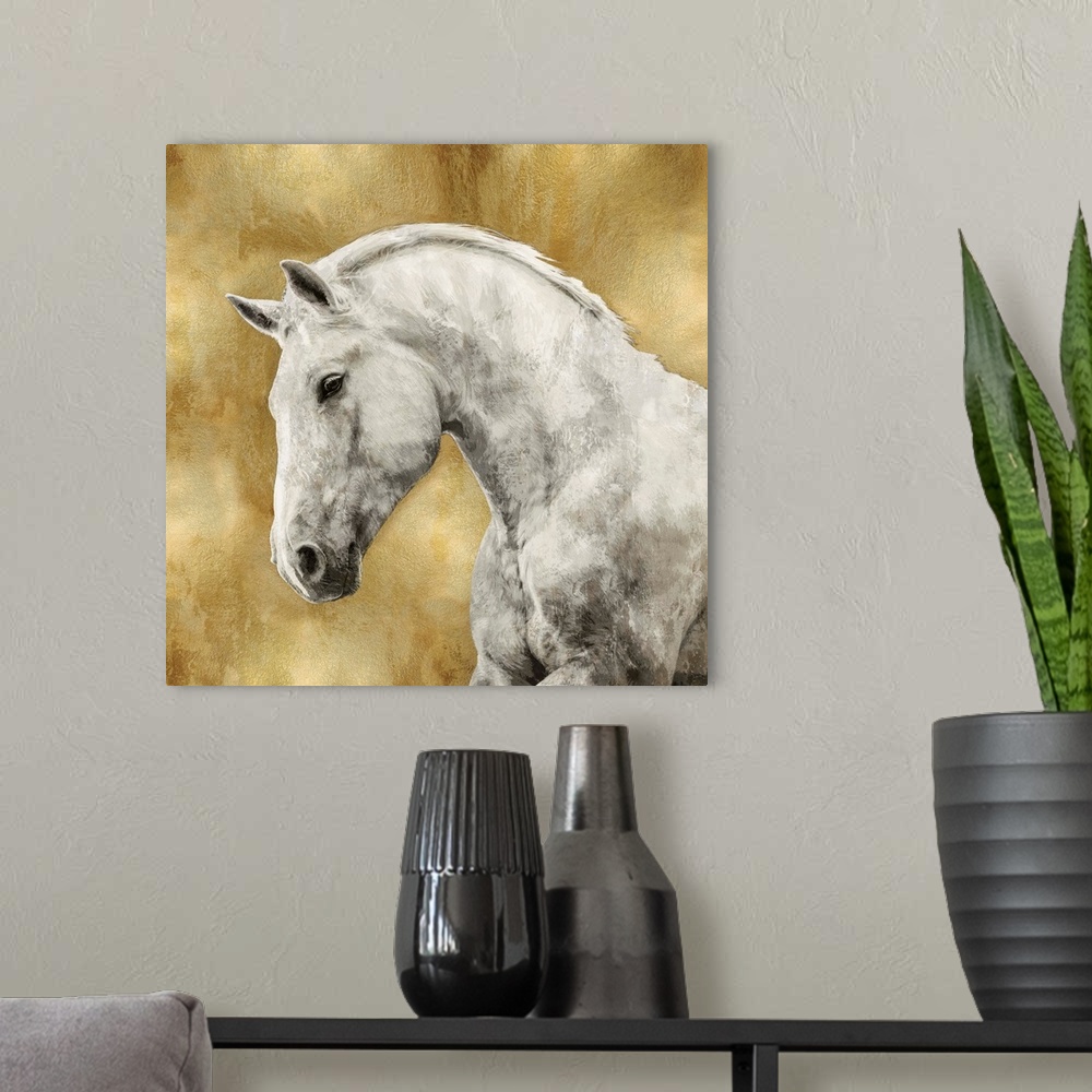 A modern room featuring Square decor with a white stallion on a metallic gold background.