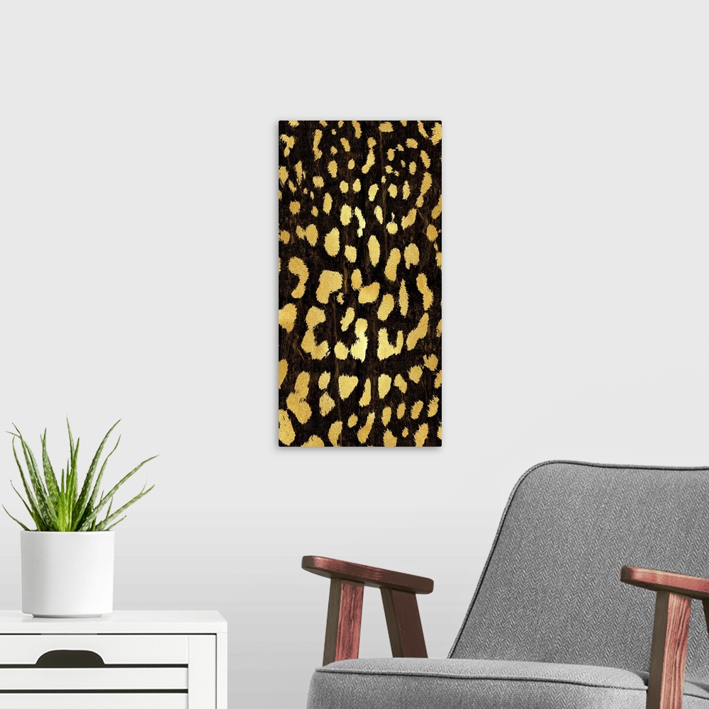 A modern room featuring Gold and black cheetah print.