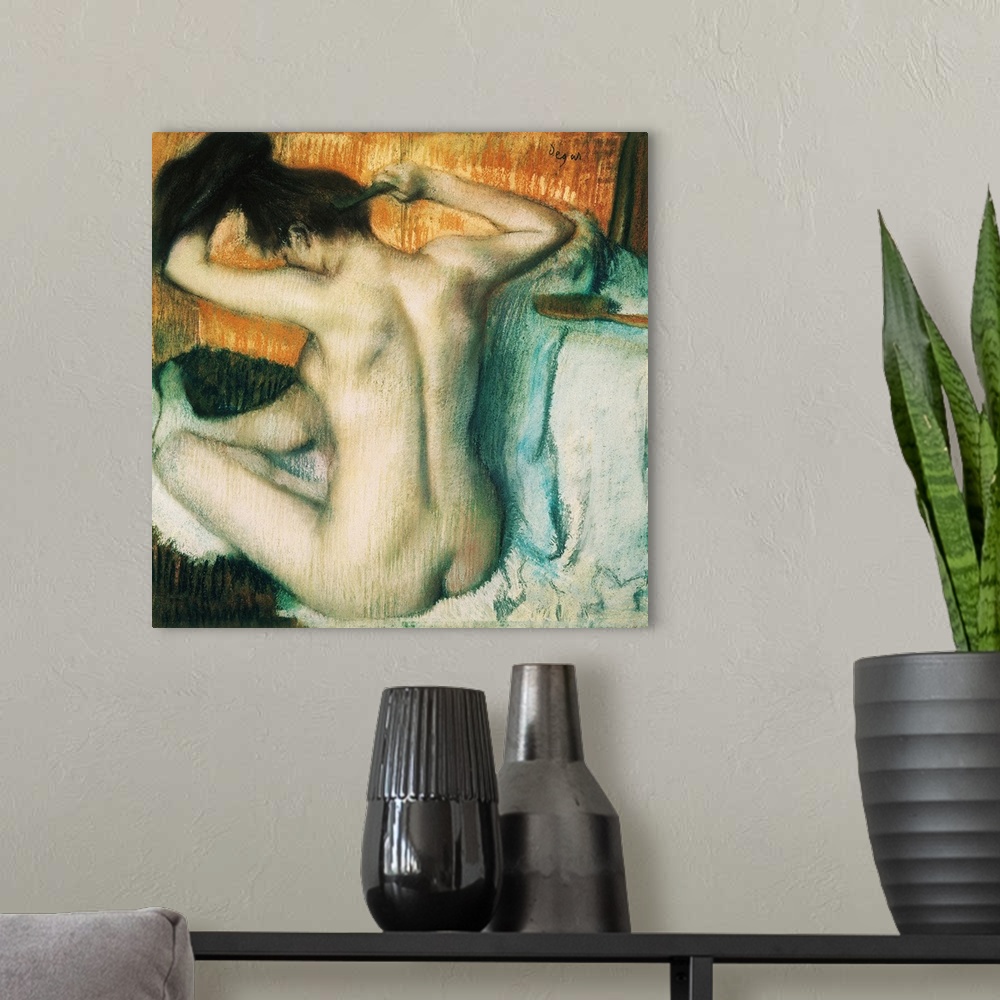A modern room featuring A painting from early 20th century shows nude female figure combing her hair.