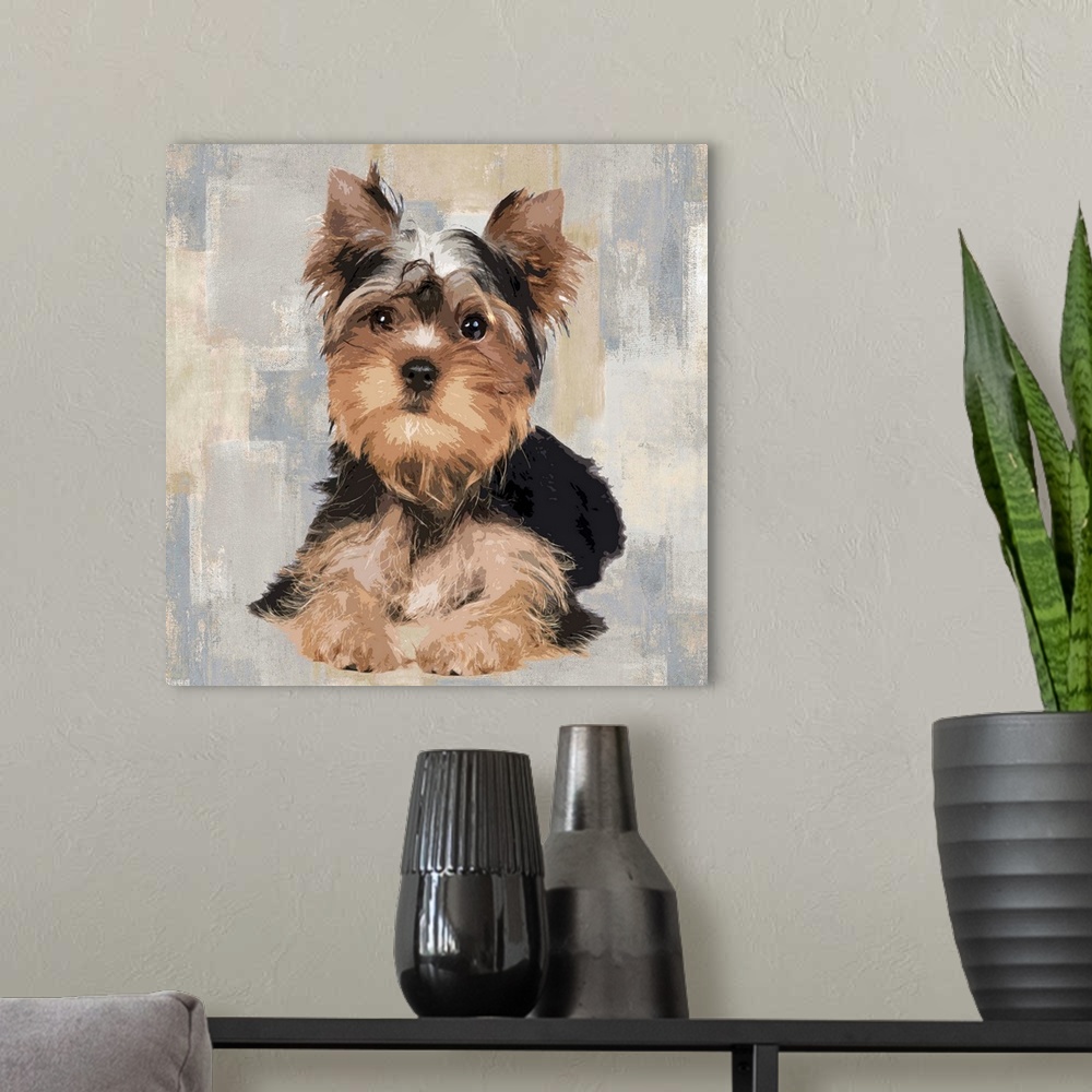 A modern room featuring Square decor with a portrait of a Yorkshire Terrier on a layered gray, blue, and tan background.