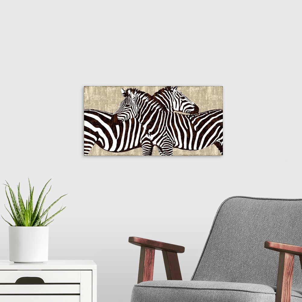 A modern room featuring Illustrated decor with two zebras facing opposite directions on a neutral colored background.