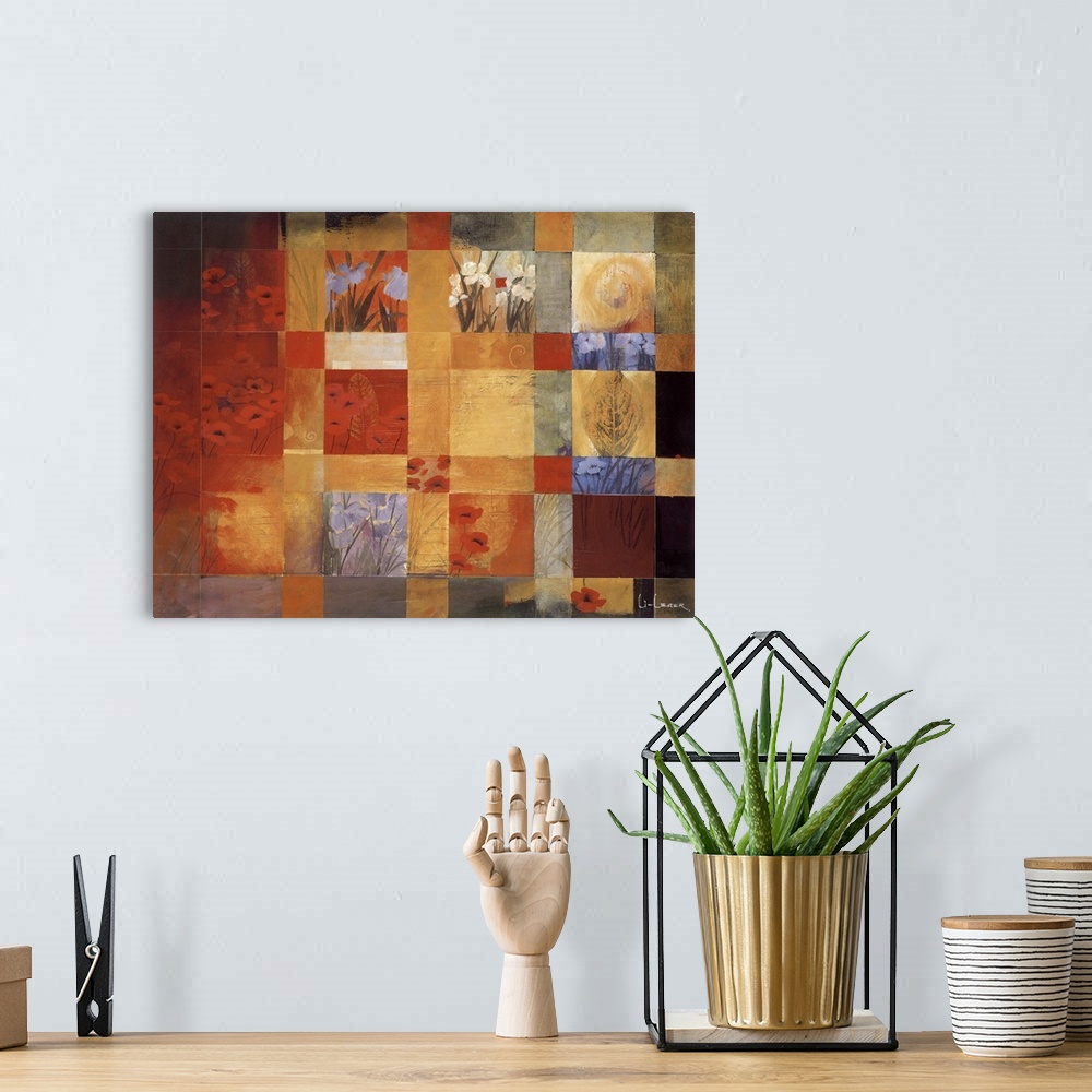 A bohemian room featuring Painting of multiple images in a square grid of leaves and flowers in different colors and views.