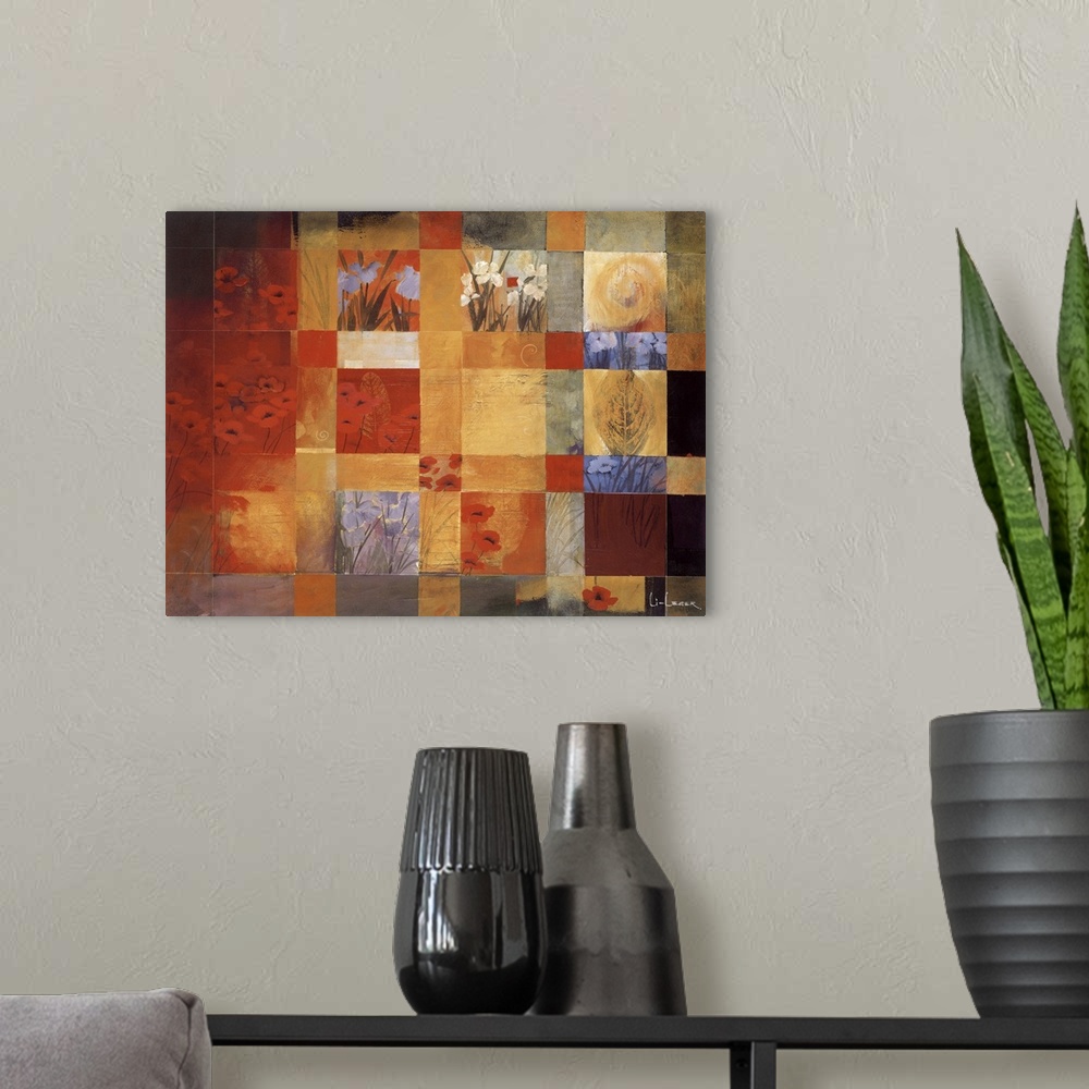 A modern room featuring Painting of multiple images in a square grid of leaves and flowers in different colors and views.