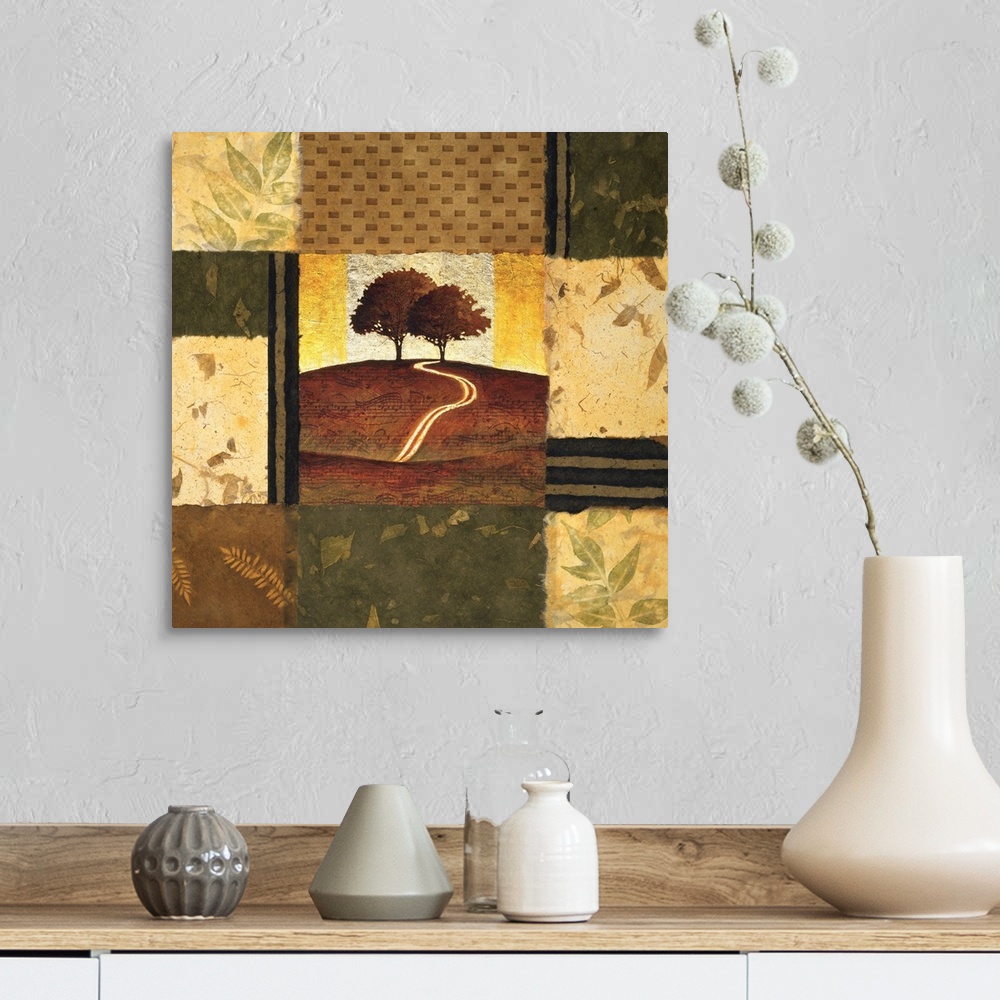 A farmhouse room featuring Square artwork of a landscape featuring a path leading to a couple of trees surrounded by a multi...