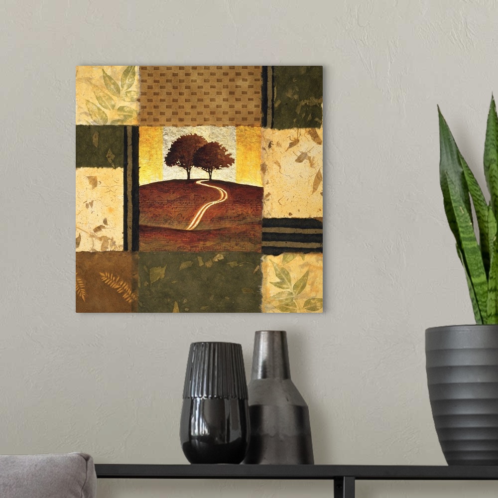 A modern room featuring Square artwork of a landscape featuring a path leading to a couple of trees surrounded by a multi...