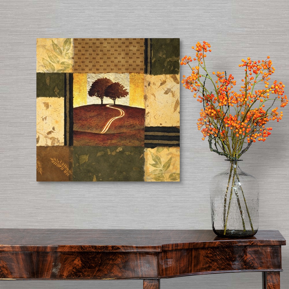 A traditional room featuring Square artwork of a landscape featuring a path leading to a couple of trees surrounded by a multi...