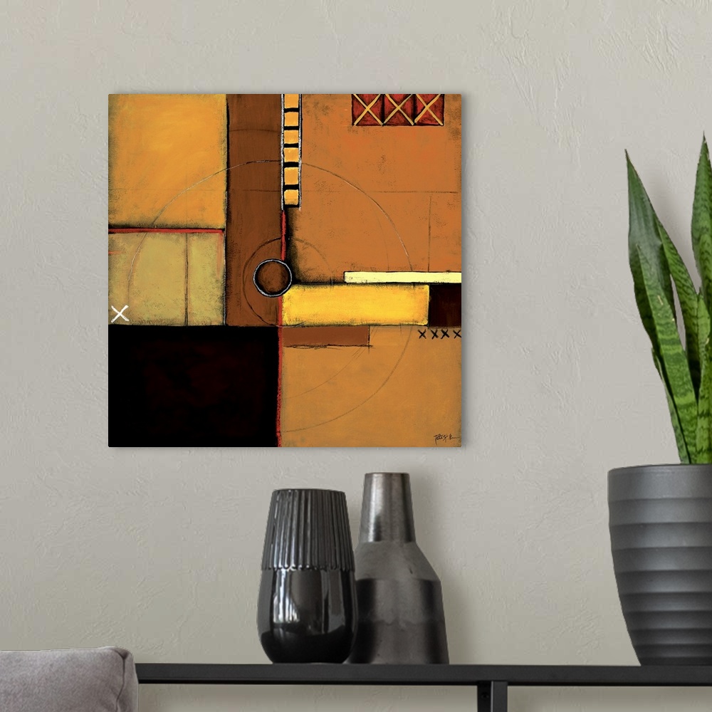 A modern room featuring Abstract painting of squared shapes overlapped with circular and "x" elements and a vertical stri...