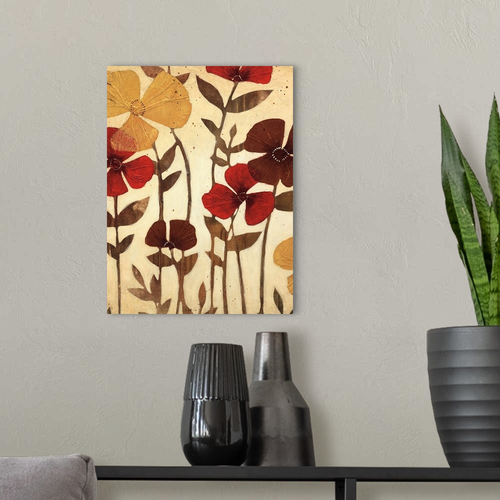 A modern room featuring Vertical painting of a group of flowers in muted earth tones with textured petals.