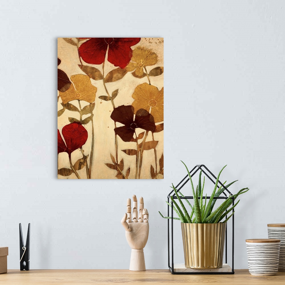 A bohemian room featuring Vertical painting of a group of flowers in muted earth tones with textured petals.
