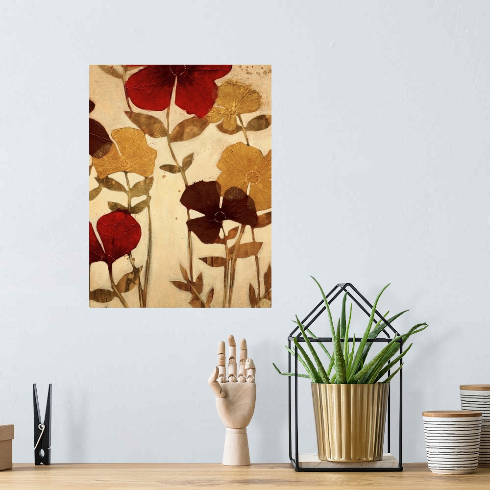 A bohemian room featuring Vertical painting of a group of flowers in muted earth tones with textured petals.