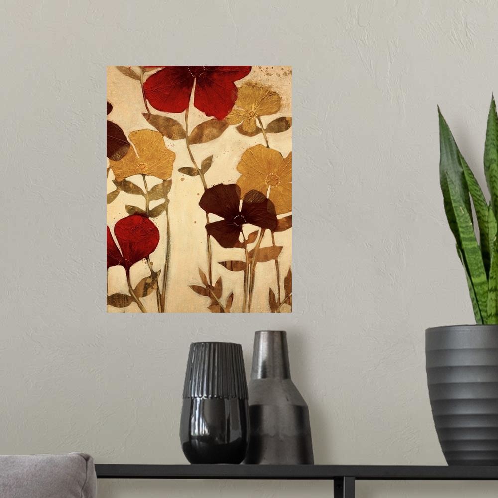 A modern room featuring Vertical painting of a group of flowers in muted earth tones with textured petals.
