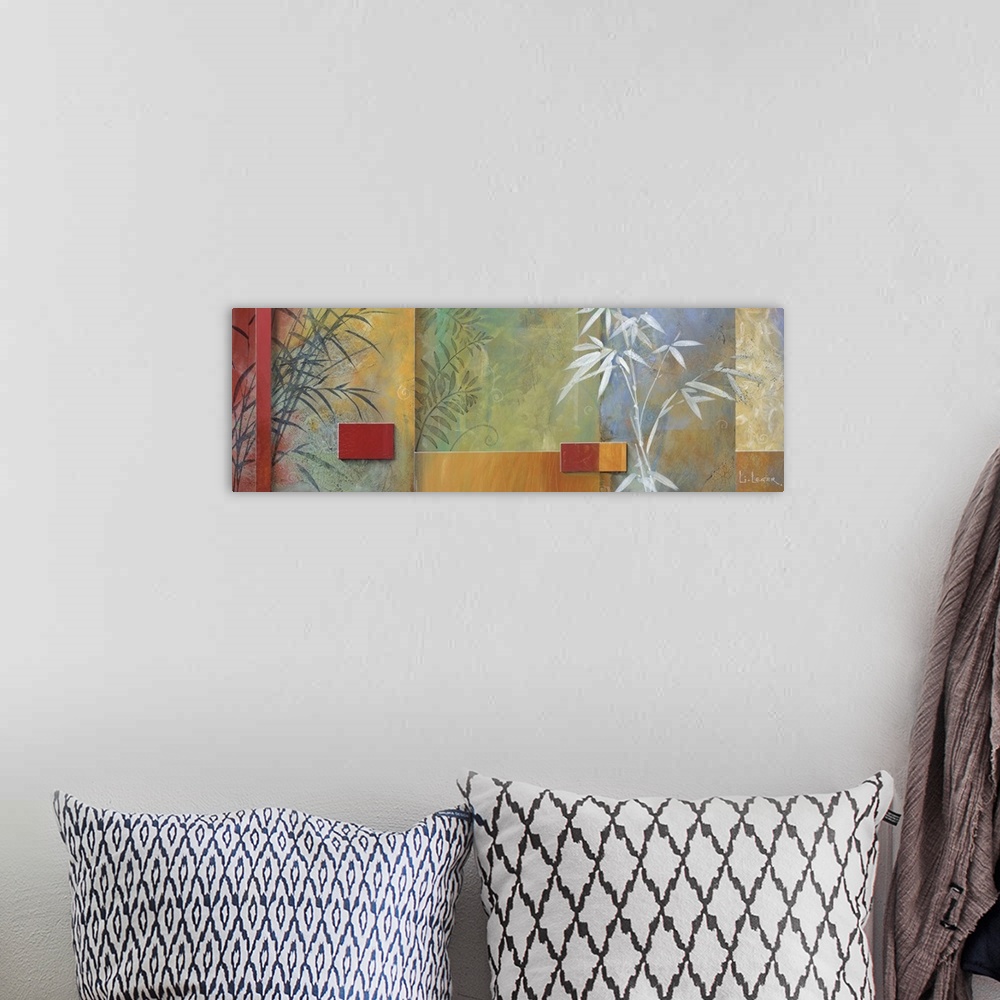 A bohemian room featuring Abstract painting of squared shapes overlapping with floral and leaf elements.