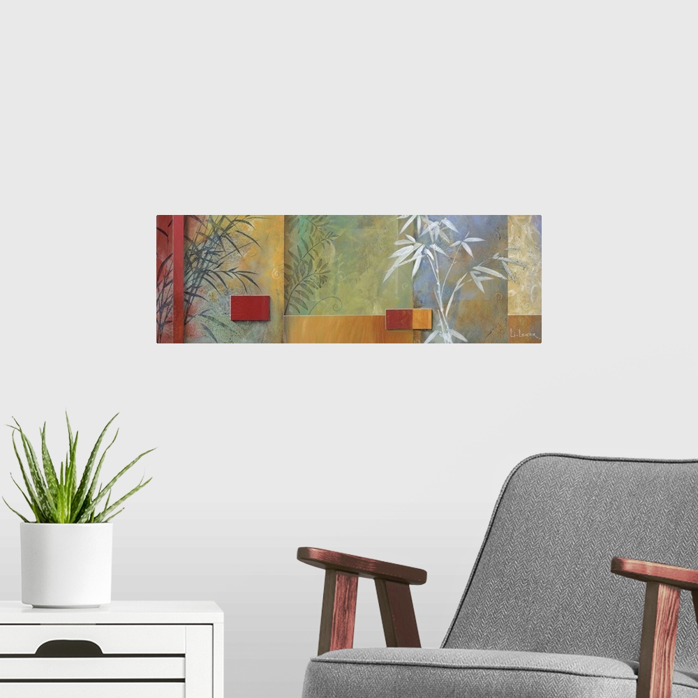 A modern room featuring Abstract painting of squared shapes overlapping with floral and leaf elements.
